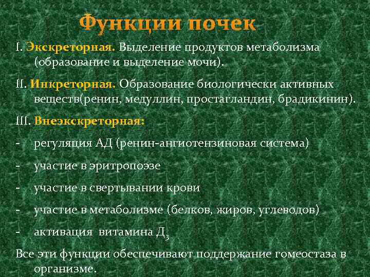 Функции почек І. Экскреторная. Выделение продуктов метаболизма (образование и выделение мочи). ІІ. Инкреторная. Образование