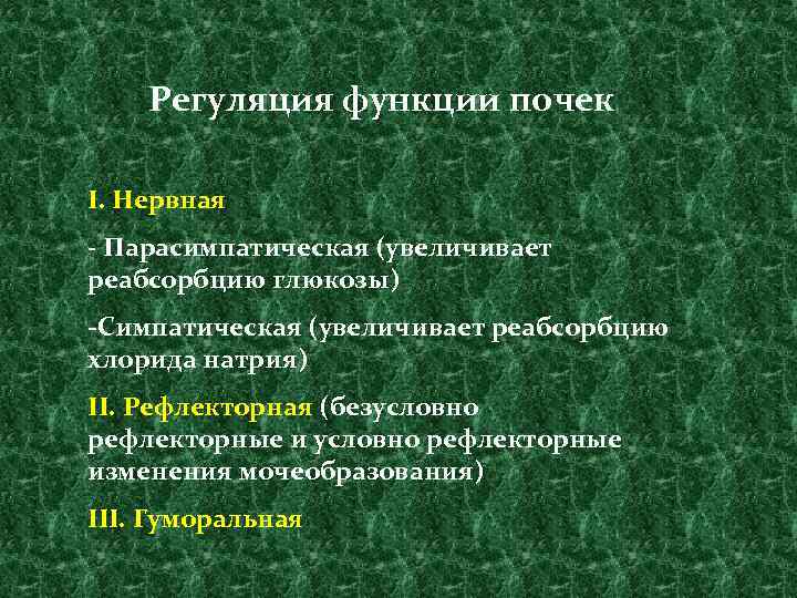 Регуляция функции почек І. Нервная - Парасимпатическая (увеличивает реабсорбцию глюкозы) -Симпатическая (увеличивает реабсорбцию хлорида