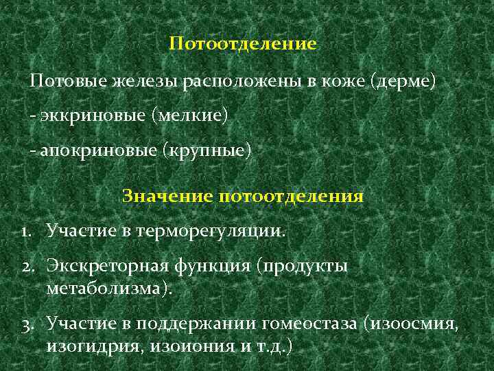 Потоотделение Потовые железы расположены в коже (дерме) - эккриновые (мелкие) - апокриновые (крупные) Значение