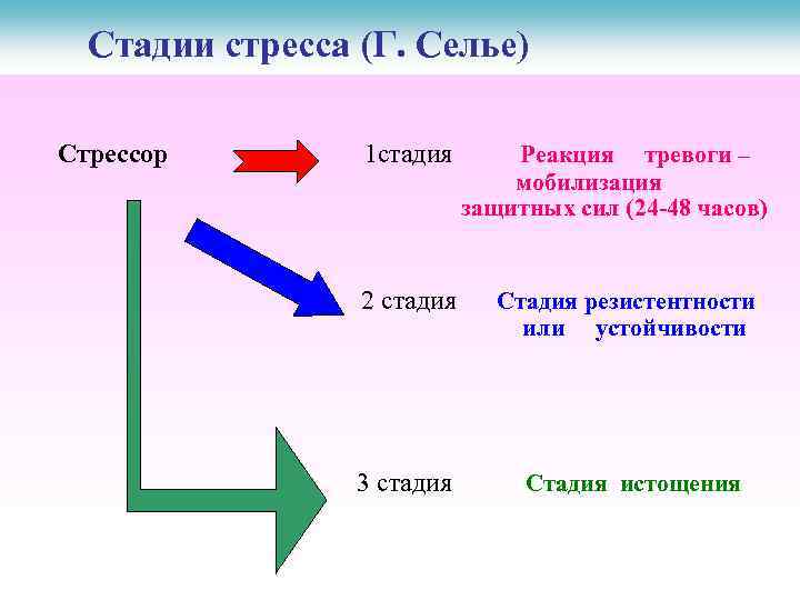 Стадии стресса (Г. Селье) Стрессор 1 стадия 2 стадия 3 стадия Реакция тревоги –