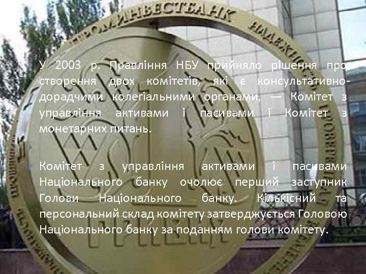  У 2003 р. Правління НБУ прийняло рішення про створення двох комітетів, які є