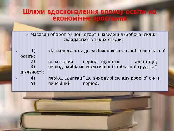 Шляхи вдосконалення впливу освіти на економічне зростання Часовий оборот річної когорти населення (робочої сили)