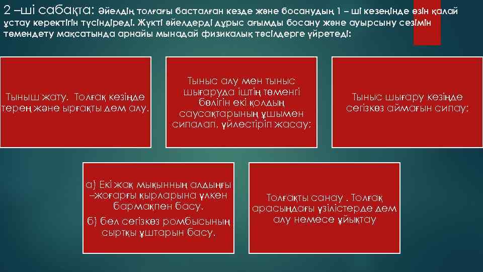 2 –ші сабақта: Әйелдің толғағы басталған кезде және босанудың 1 – ші кезеңінде өзін