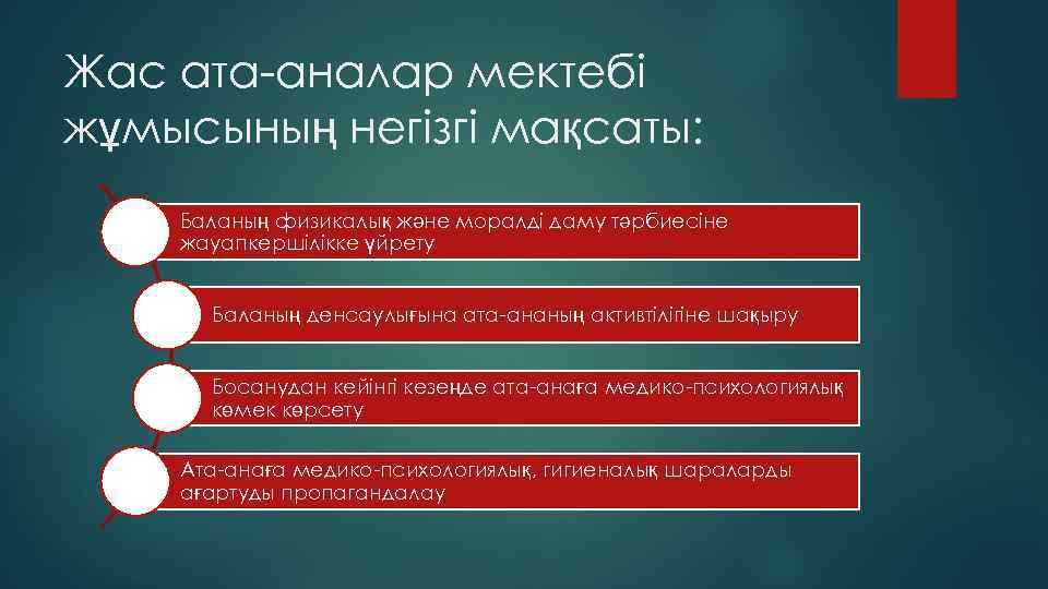 Жас ата-аналар мектебі жұмысының негізгі мақсаты: Баланың физикалық және моралді даму тәрбиесіне жауапкершілікке үйрету