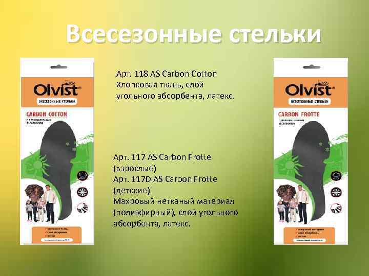 Всесезонные стельки Арт. 118 AS Carbon Cotton Хлопковая ткань, слой угольного абсорбента, латекс. Арт.
