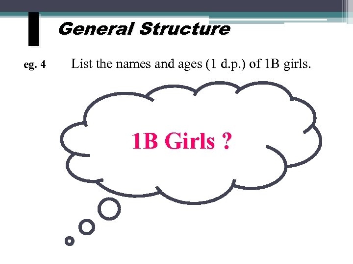 I eg. 4 General Structure List the names and ages (1 d. p. )