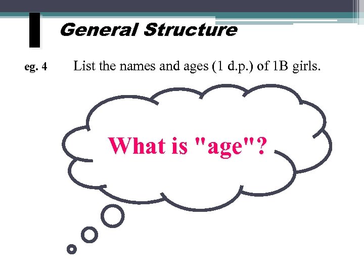 I eg. 4 General Structure List the names and ages (1 d. p. )