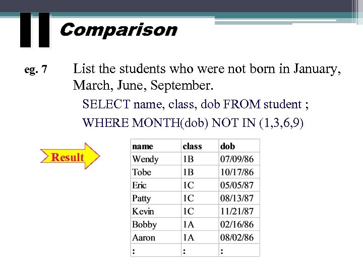 II eg. 7 Comparison List the students who were not born in January, March,