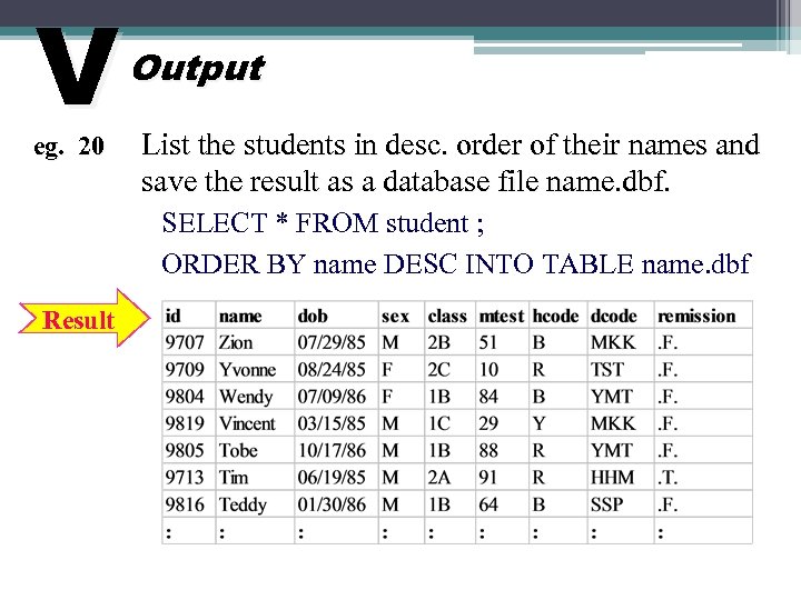 V eg. 20 Output List the students in desc. order of their names and