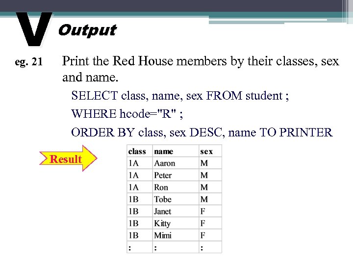 V eg. 21 Output Print the Red House members by their classes, sex and