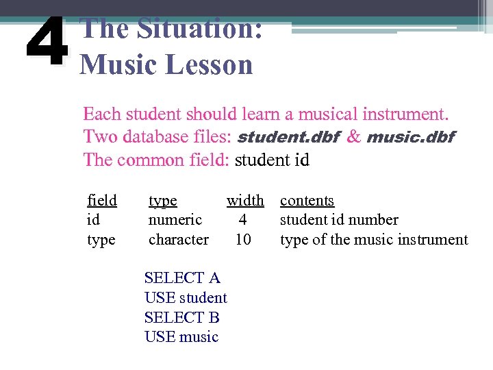 4 The Situation: Music Lesson Each student should learn a musical instrument. Two database