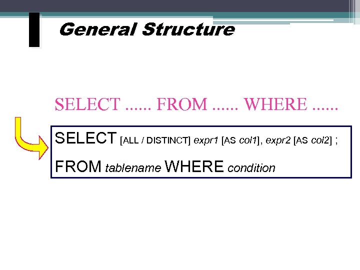 I General Structure SELECT. . . FROM. . . WHERE. . . SELECT [ALL