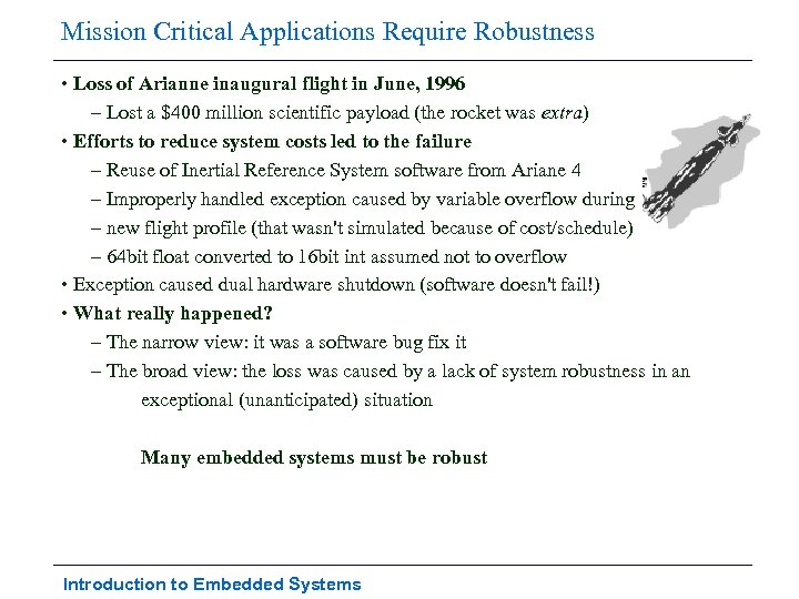 Mission Critical Applications Require Robustness • Loss of Arianne inaugural flight in June, 1996