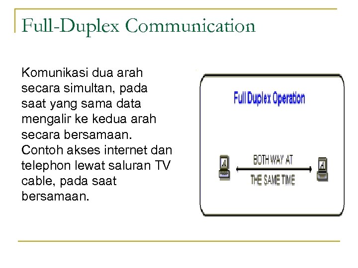 Full-Duplex Communication Komunikasi dua arah secara simultan, pada saat yang sama data mengalir ke