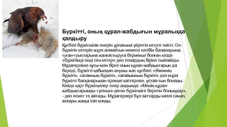 Бүркітті, оның құрал-жабдығын мұралыққа қалдыру Құсбегі бүркітшілік өнерін ұрпағына үйретіп кетуге тиісті. Ол бүркітін