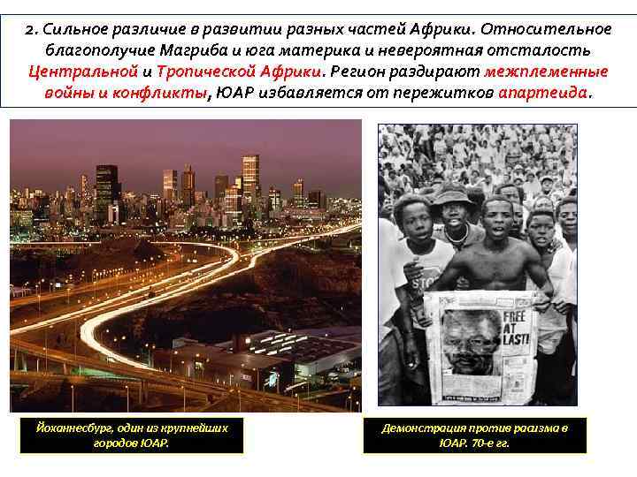 2. Сильное различие в развитии разных частей Африки. Относительное благополучие Магриба и юга материка