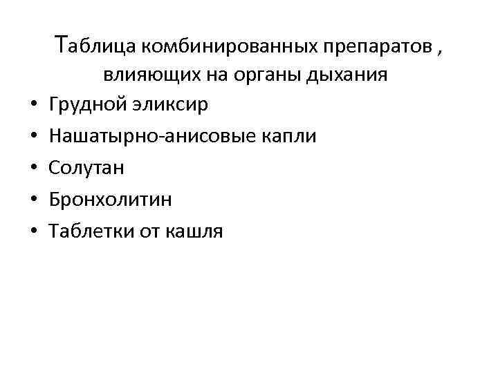 Таблица комбинированных препаратов , • • • влияющих на органы дыхания Грудной эликсир Нашатырно-анисовые