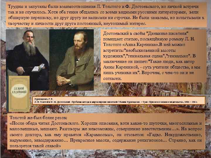 Трудны и запутаны были взаимоотношения Л. Толстого и Ф. Достоевского, но личной встречи так