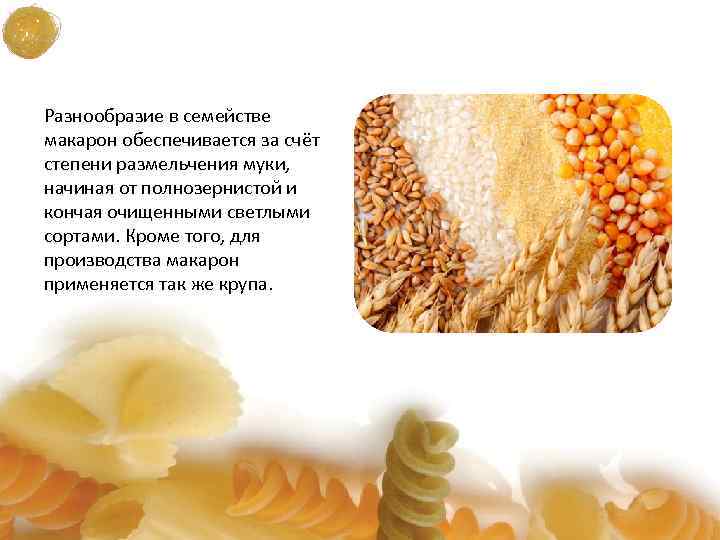 Разнообразие в семействе макарон обеспечивается за счёт степени размельчения муки, начиная от полнозернистой и