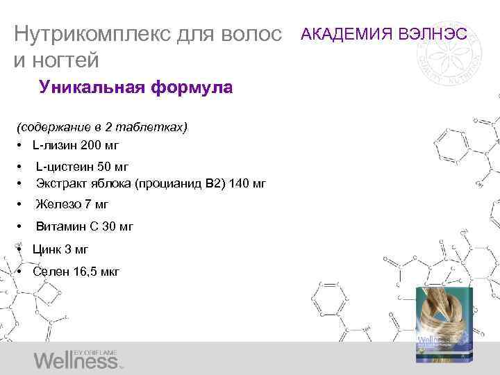 Нутрикомплекс для волос и ногтей Уникальная формула (содержание в 2 таблетках) • L-лизин 200
