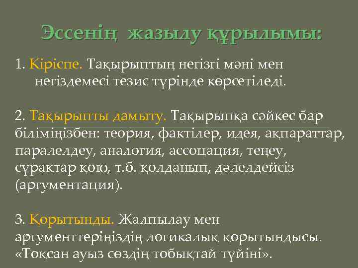 Эссенің жазылу құрылымы: 1. Кіріспе. Тақырыптың негізгі мәні мен негіздемесі тезис түрінде көрсетіледі. 2.