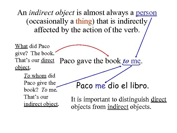 An indirect object is almost always a person (occasionally a thing) that is indirectly