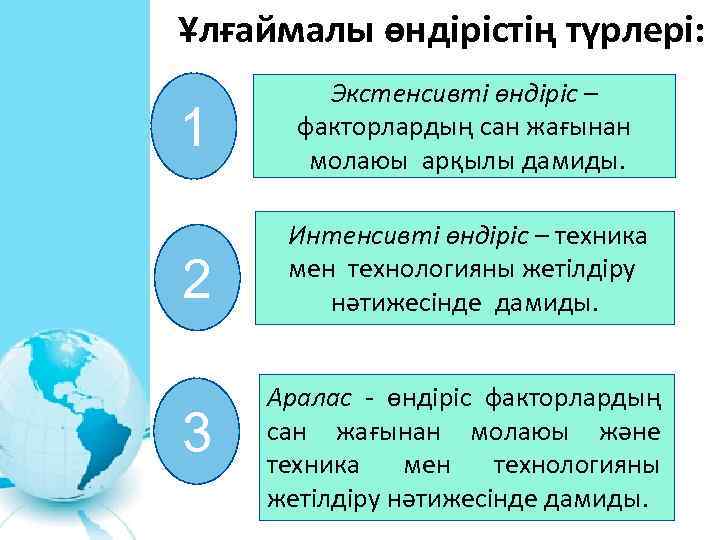 Ұлғаймалы өндірістің түрлері: 1 Экстенсивті өндіріс – факторлардың сан жағынан молаюы арқылы дамиды. 2