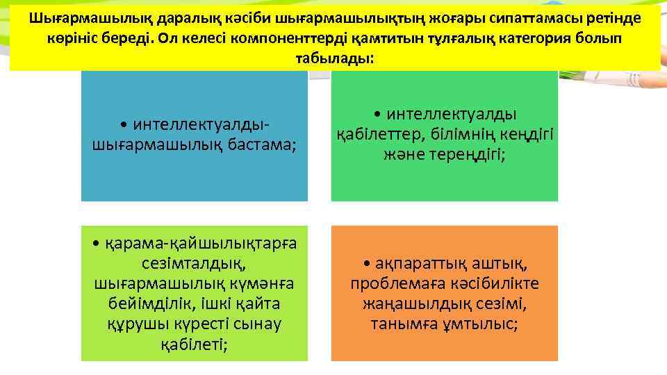 Шығармашылық даралық кəсіби шығармашылықтың жоғары сипаттамасы ретінде көрініс береді. Ол келесі компоненттерді қамтитын тұлғалық