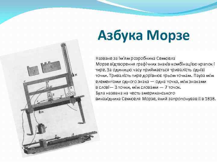 Азбука Морзе Назване за ім'ям розробника Семюела Морзе відтворення графічних знаків комбінацією крапок і