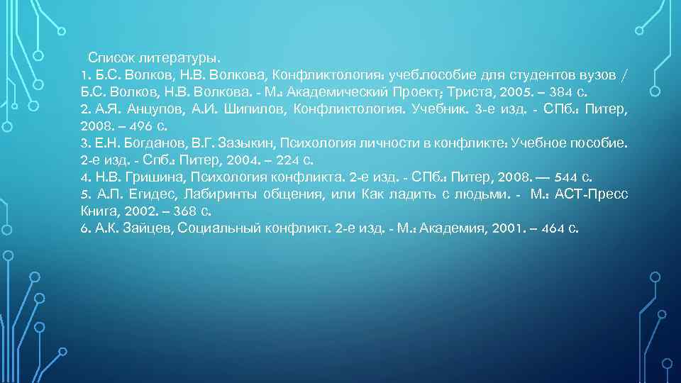  Список литературы. 1. Б. С. Волков, Н. В. Волкова, Конфликтология: учеб. пособие для