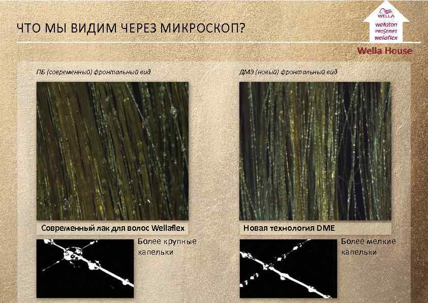 ЧТО МЫ ВИДИМ ЧЕРЕЗ МИКРОСКОП? ПБ (современный) фронтальный вид Современный лак для волос Wellaflex