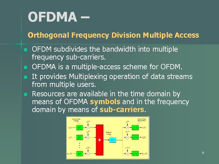 OFDMA – Orthogonal Frequency Division Multiple Access n n OFDM subdivides the bandwidth into