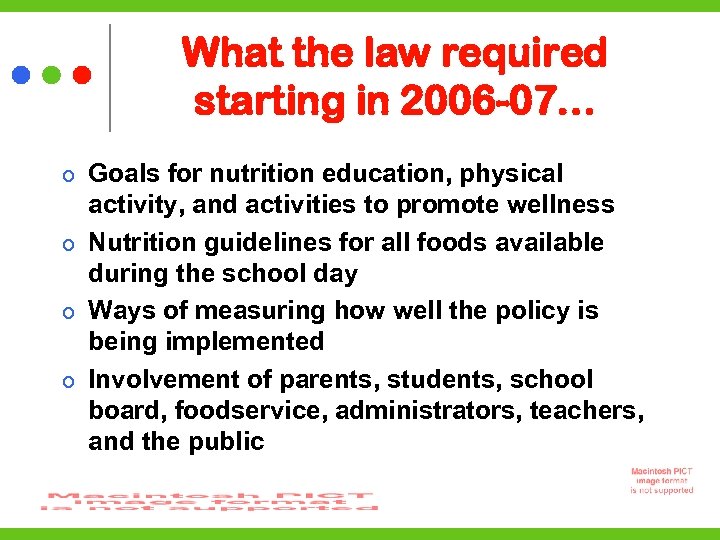 What the law required starting in 2006 -07… Goals for nutrition education, physical activity,