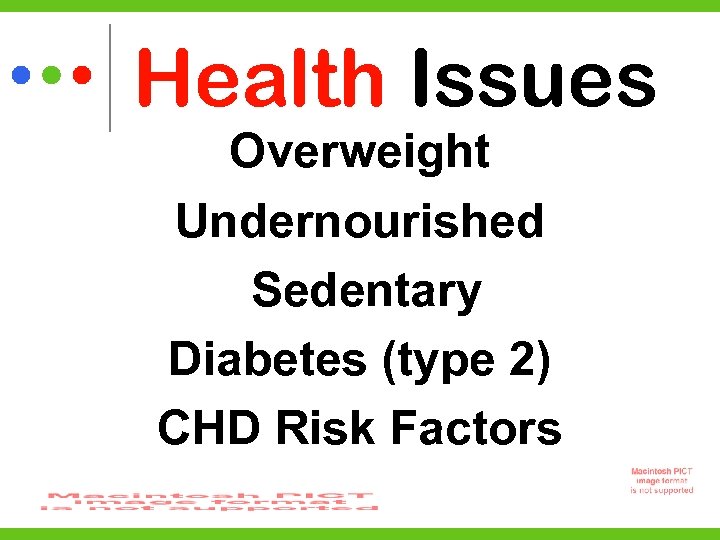 Health Issues Overweight Undernourished Sedentary Diabetes (type 2) CHD Risk Factors 