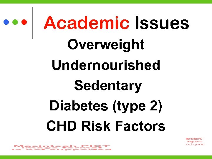 Academic Issues Overweight Undernourished Sedentary Diabetes (type 2) CHD Risk Factors 