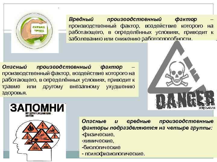 Вредный производственный фактор – производственный фактор, воздействие которого на работающего, в определённых условиях, приводит