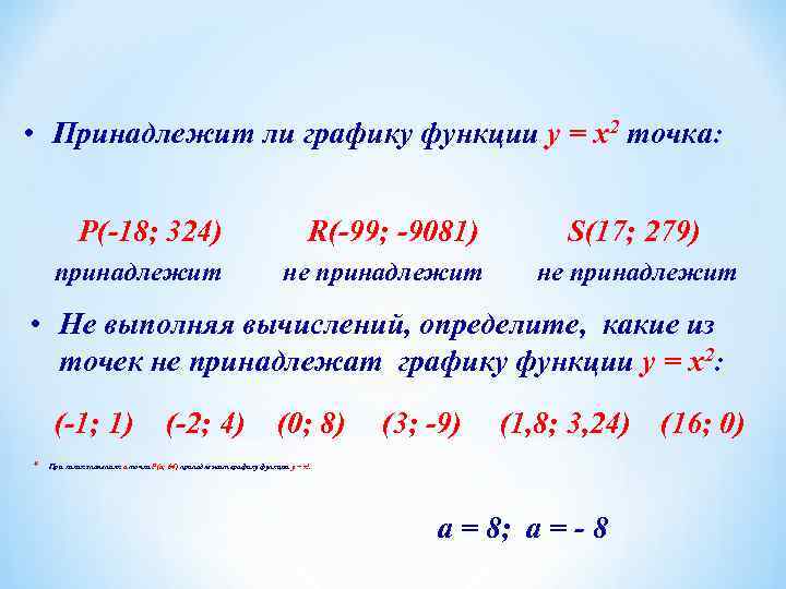  • Принадлежит ли графику функции у = х2 точка: P(-18; 324) R(-99; -9081)