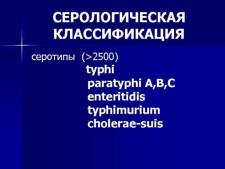 СЕРОЛОГИЧЕСКАЯ КЛАССИФИКАЦИЯ серотипы (>2500) typhi paratyphi A, B, C enteritidis typhimurium cholerae-suis 