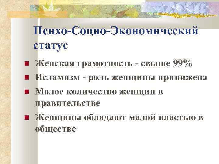 Психо-Социо-Экономический статус Женская грамотность - свыше 99% Исламизм - роль женщины принижена Малое количество