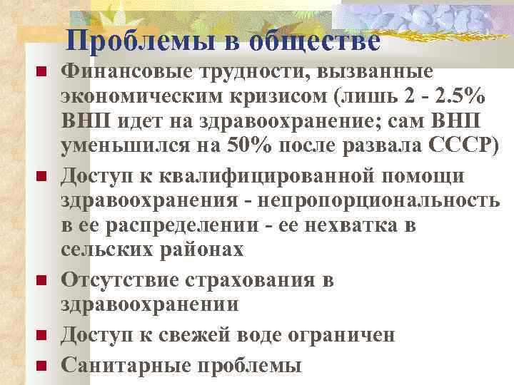 Проблемы в обществе Финансовые трудности, вызванные экономическим кризисом (лишь 2 - 2. 5% ВНП