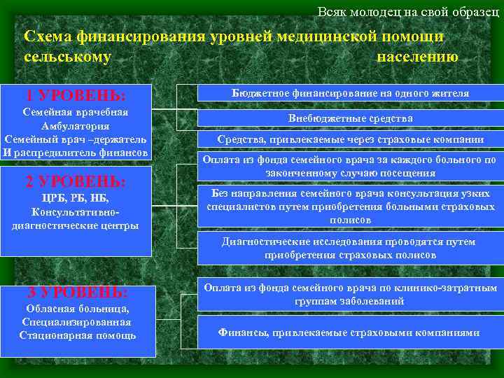 Всяк молодец на свой образец Схема финансирования уровней медицинской помощи сельському населению 1 УРОВЕНЬ: