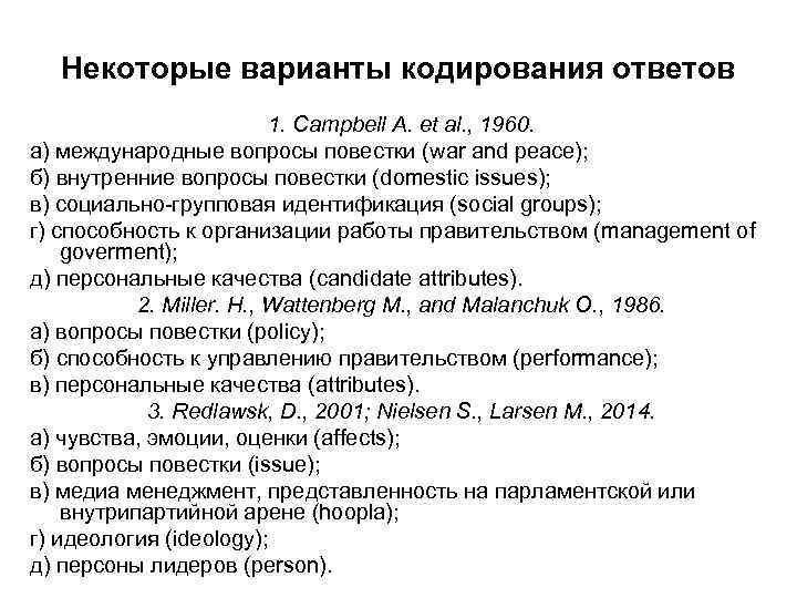 Некоторые варианты кодирования ответов 1. Campbell A. et al. , 1960. а) международные вопросы