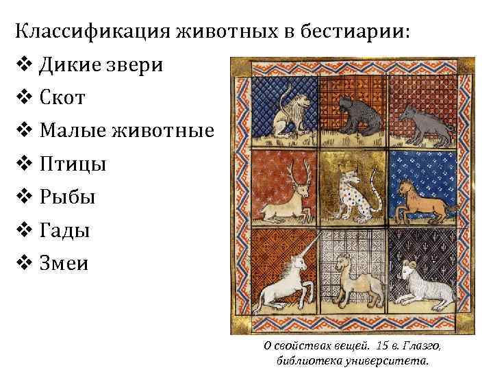 Классификация животных в бестиарии: v Дикие звери v Скот v Малые животные v Птицы