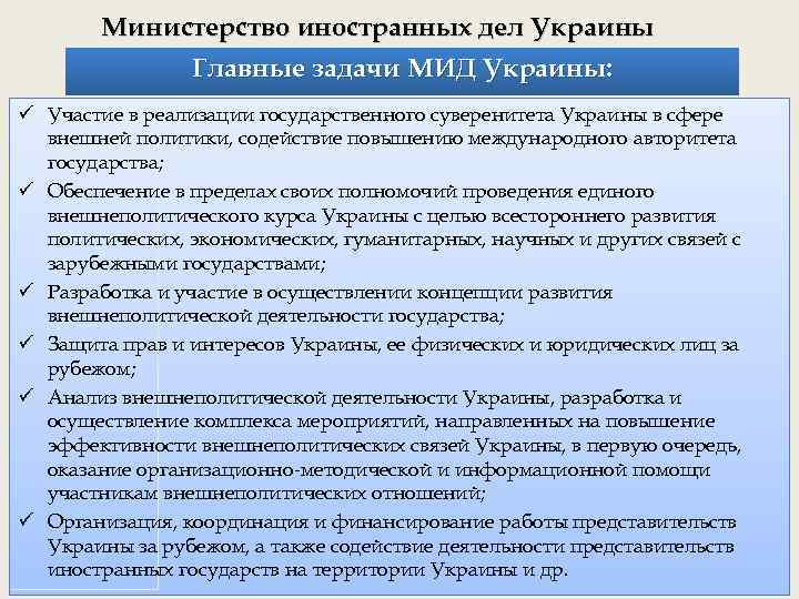 Министерство иностранных дел Украины Главные задачи МИД Украины: ü Участие в реализации государственного суверенитета