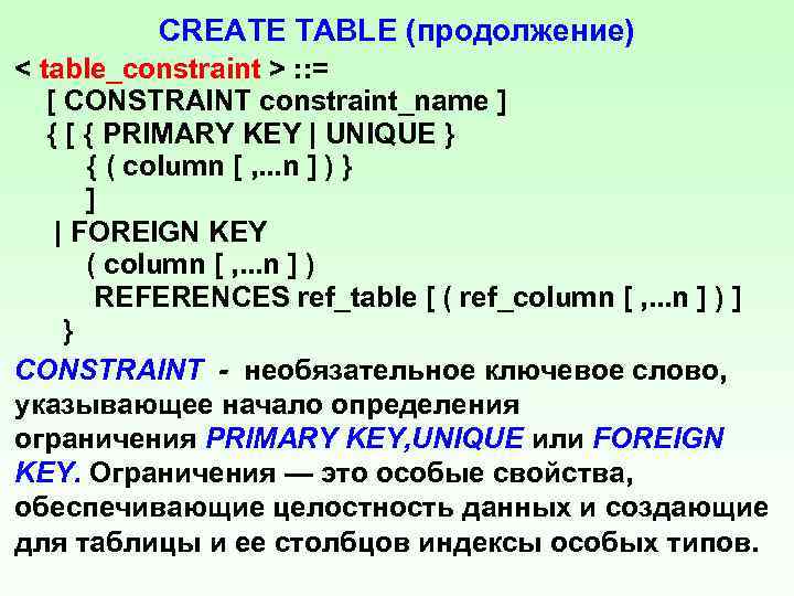 CREATE TABLE (продолжение) < table_constraint > : : = [ CONSTRAINT constraint_name ] {