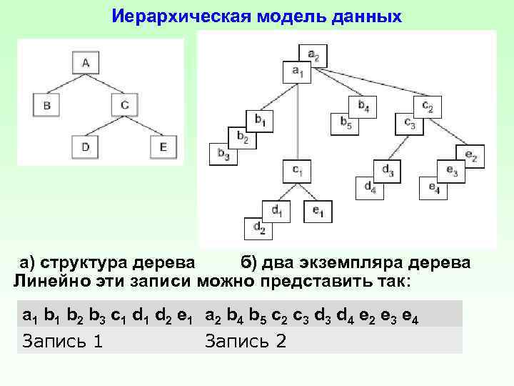 Иерархическая модель данных а) структура дерева б) два экземпляра дерева Линейно эти записи можно