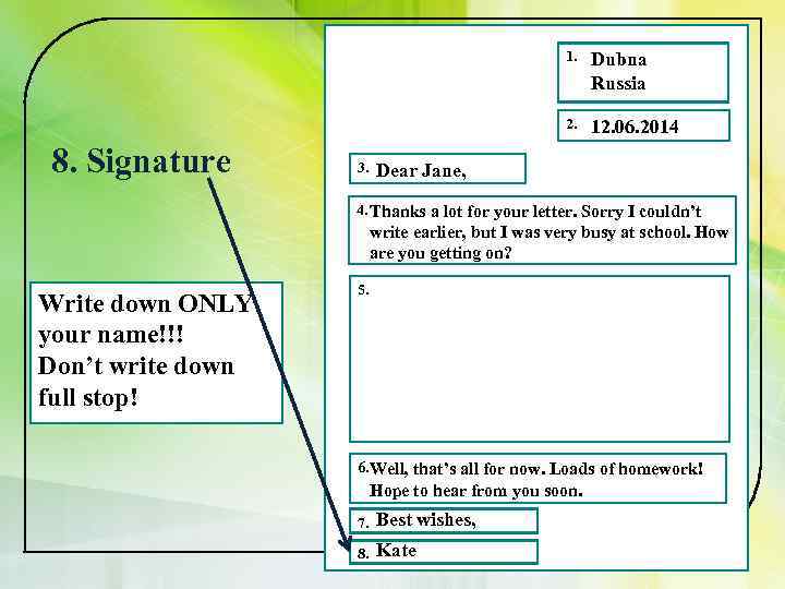 1. 2. 8. Signature 3. Dubna Russia 12. 06. 2014 Dear Jane, 4. Thanks