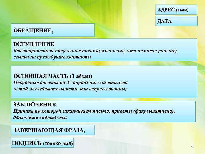 АДРЕС (свой) ДАТА ОБРАЩЕНИЕ, ВСТУПЛЕНИЕ Благодарность за полученное письмо; извинение, что не писал раньше;