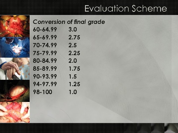 Evaluation Scheme Conversion of final grade 60 -64. 99 3. 0 65 -69. 99