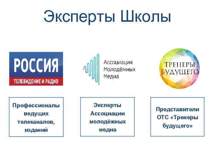 Эксперты Школы Профессионалы ведущих телеканалов, изданий Эксперты Ассоциации молодёжных медиа Представители ОТС «Тренеры будущего»
